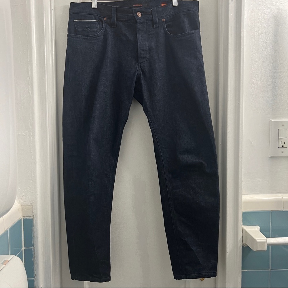 Alberto Slipe Jeans 33x34 Denim Slim-Straight Higher rise Dark Blue Raw Selvedge - Picture 3 of 9
